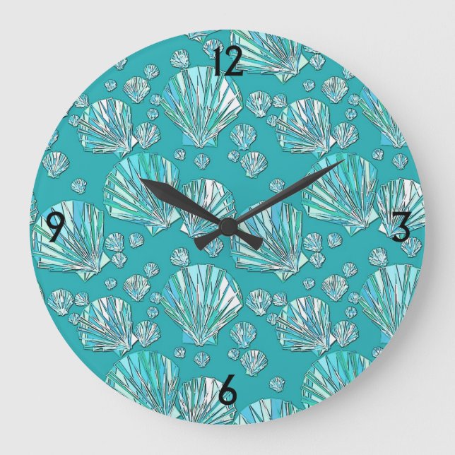 Teal, seafoam sea shells, turquoise background large clock (Front)