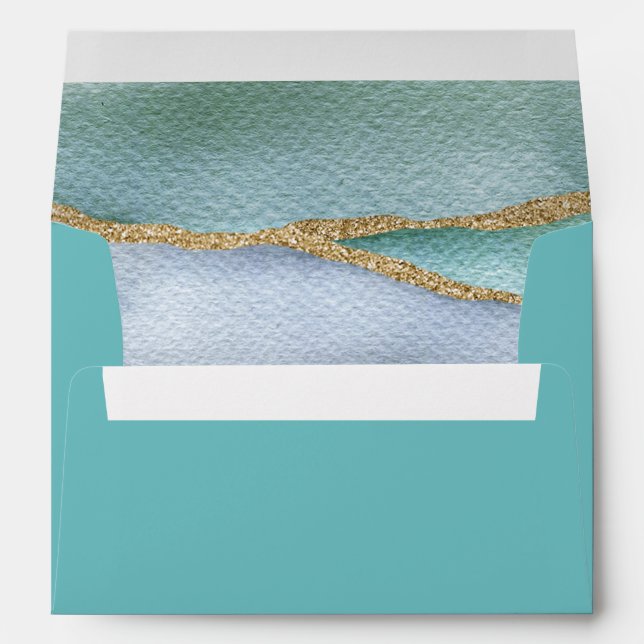 Teal Seaglass Watercolor Gold Glitter Wedding Envelope (Back (Bottom))