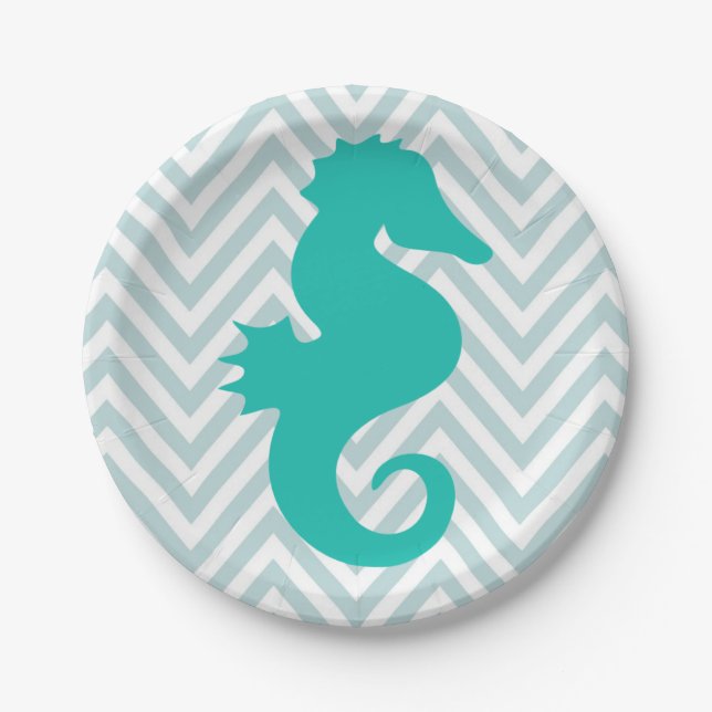 Teal Seahorse Beach Theme Baby Shower Paper Plates (Front)