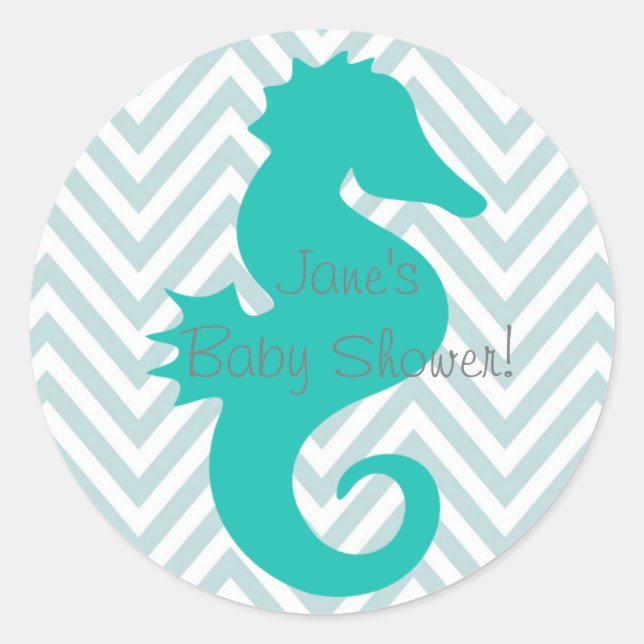 Teal Seahorse Beach Theme Baby Shower Sticker (Front)
