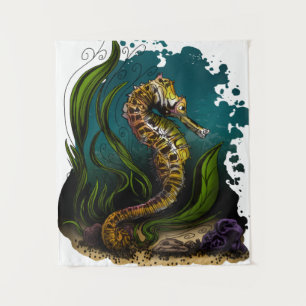 Teal Seahorse Ocean Aesthetic Calm Coastal Design Tapestry