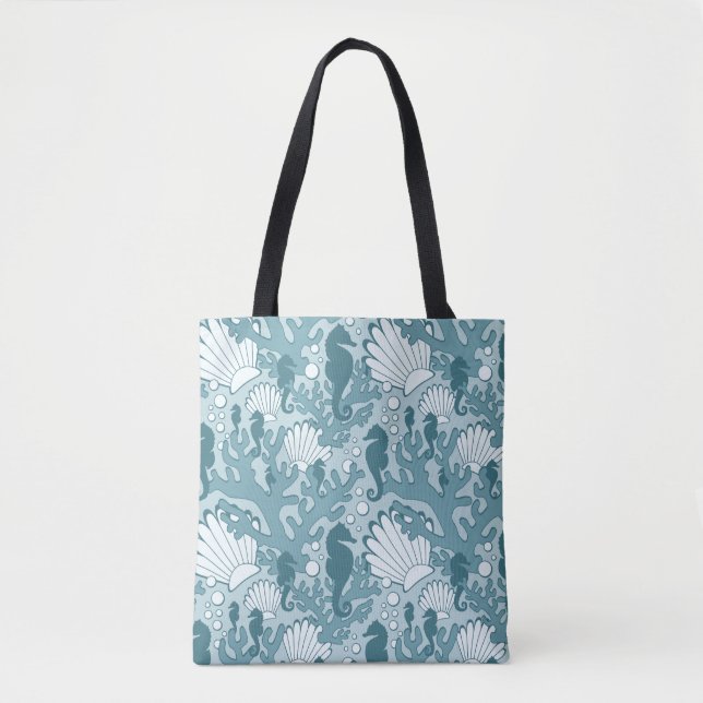 Teal Seahorse Oceanic Pattern Tote Bag (Front)