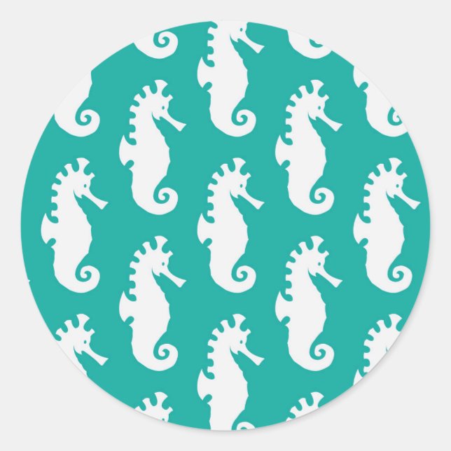 Teal Seahorse Pattern 1 Classic Round Sticker (Front)