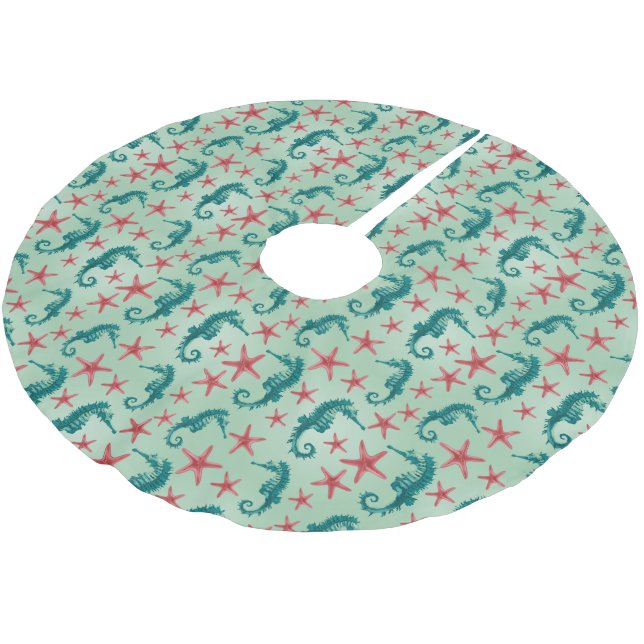 Teal Seahorse Pattern 2 Brushed Polyester Tree Skirt (Angled)
