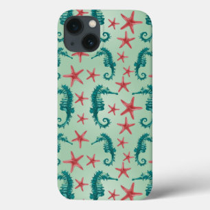Teal Seahorse Pattern 2 iPhone 13 Case
