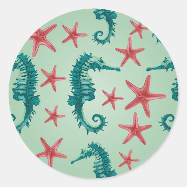 Teal Seahorse Pattern 2 Classic Round Sticker (Front)