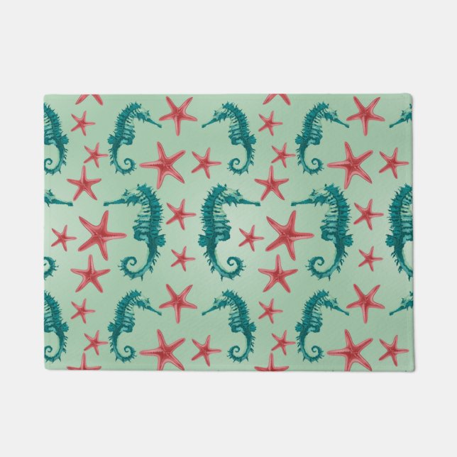 Teal Seahorse Pattern 2 Doormat (Front)