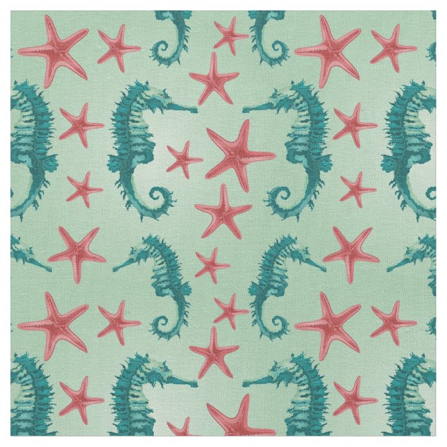 Teal Seahorse Pattern 2 Fabric (Close Up)