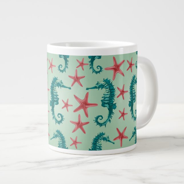Teal Seahorse Pattern 2 Large Coffee Mug (Front Right)