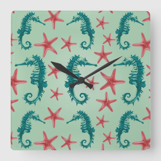 Teal Seahorse Pattern 2 Square Wall Clock (Front)