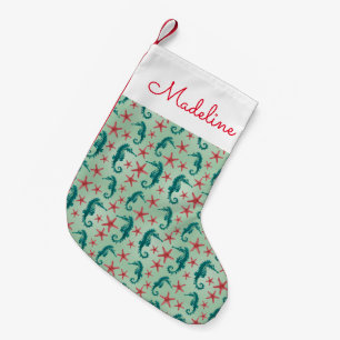 Teal Seahorse Pattern Add Your Name Small Christmas Stocking
