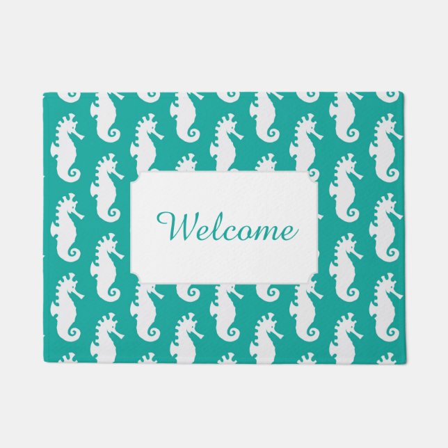 Teal Seahorse Pattern | Add Your Text Doormat (Front)