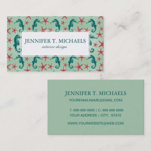 Teal Seahorse Pattern Business Card (Front/Back)