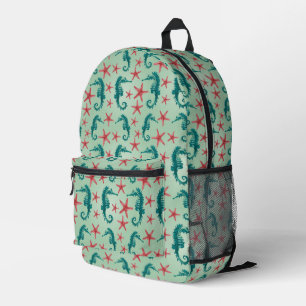 Teal Seahorse Pattern Printed Backpack