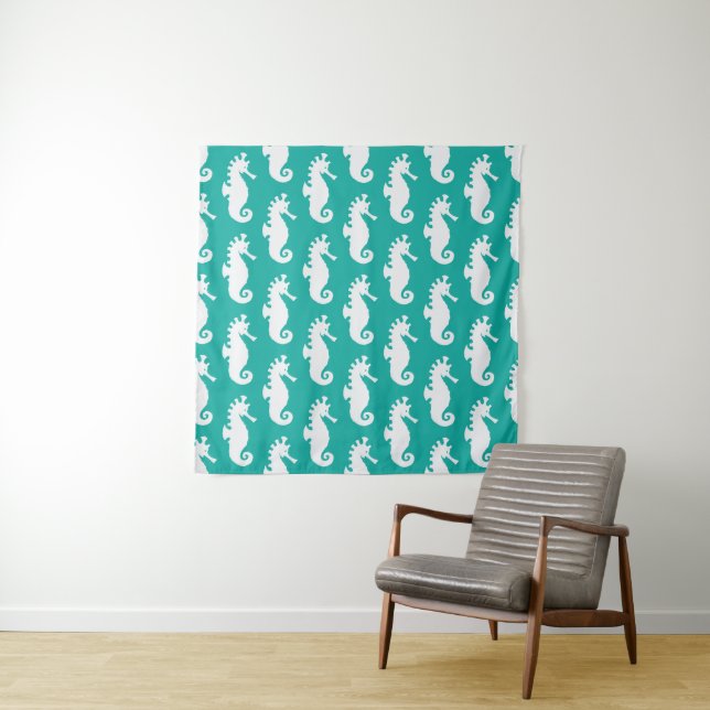 Teal Seahorse Pattern Tapestry (In Situ (Horizontal))