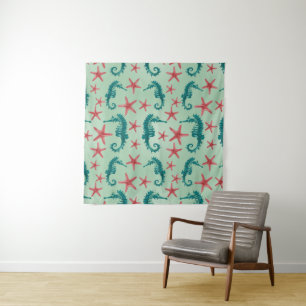 Teal Seahorse Pattern Tapestry