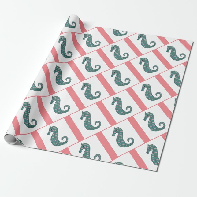 Teal Seahorse Wrapping Paper (Unrolled)
