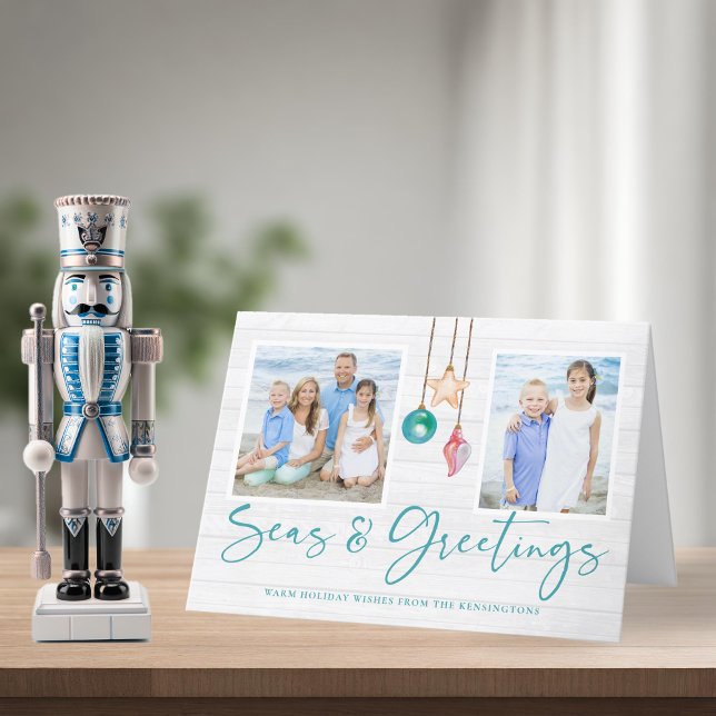 Teal Seas and Greetings Seashell Ornament Photo Holiday Card (Teal Seas and Greetings Seashell Ornament Photo Holiday Card)