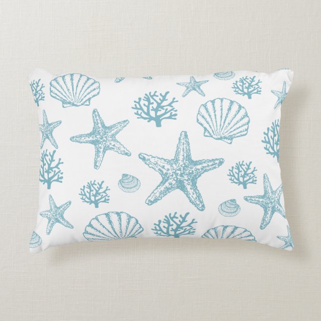 Teal Seashell Starfish Beachy Pattern Decorative Cushion (Front)