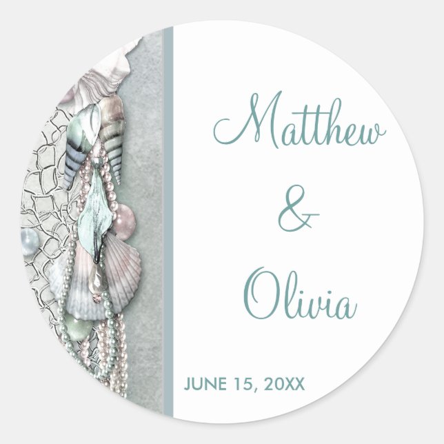 Teal Seashells Pearl Beach Wedding Favour Stickers (Front)