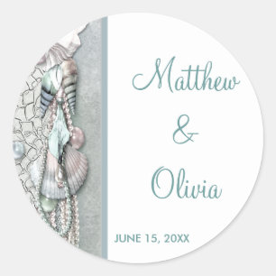 Teal Seashells Pearl Beach Wedding Favour Stickers