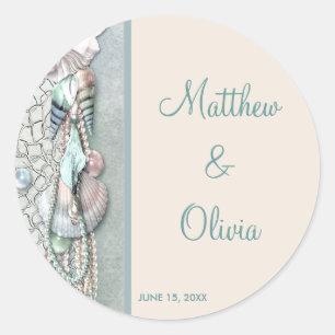 Teal Seashells Pearls Beach Wedding Favour Sticker