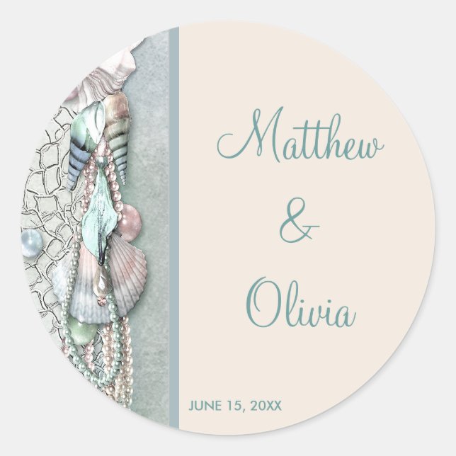 Teal Seashells Pearls Beach Wedding Favour Sticker (Front)