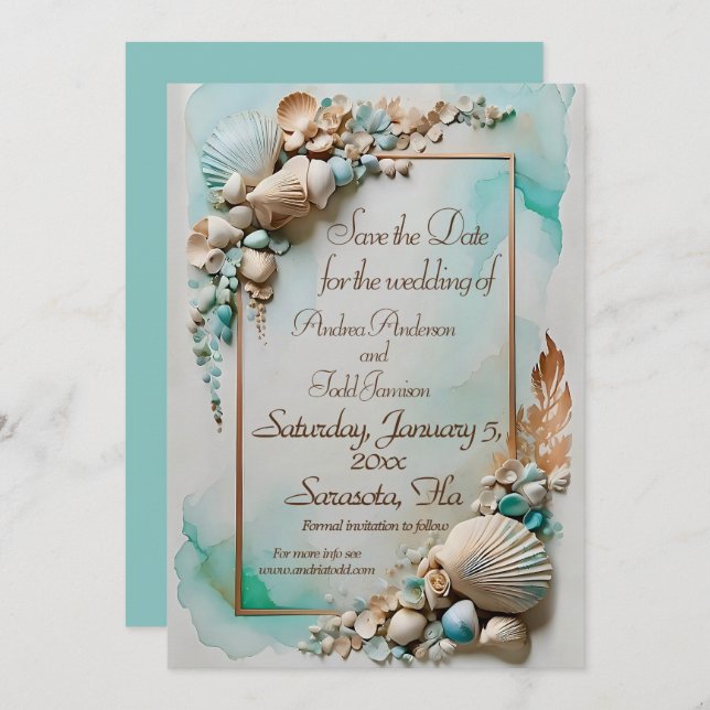 Teal seaside sea shell wedding save the date (Front/Back)