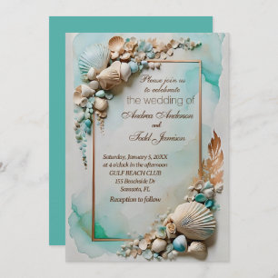 Teal seaside seashell wedding  invitation