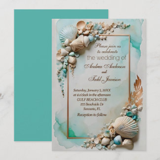 Teal seaside seashell wedding invitation