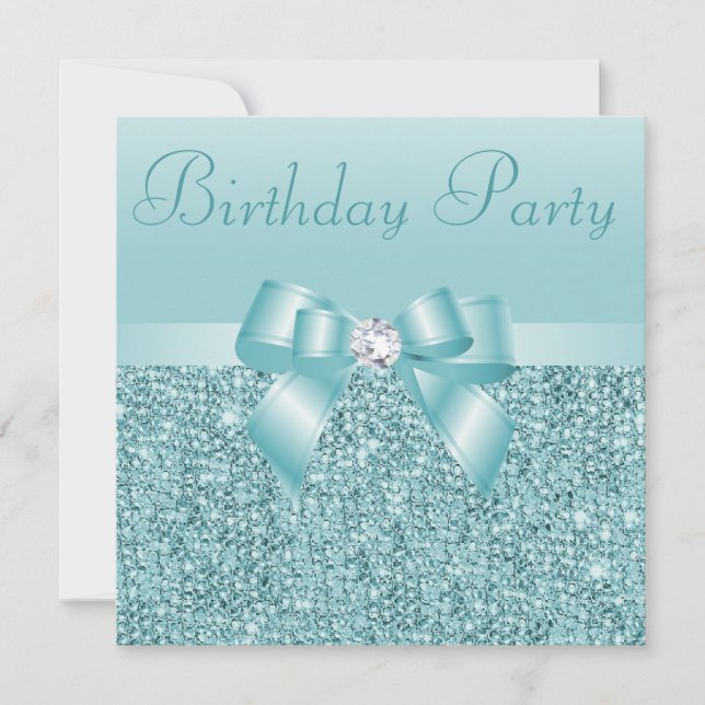 Teal Sequins, Bow & Diamond Birthday Party Invitation (Front)