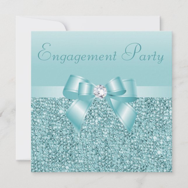 Teal Sequins, Bow & Diamond Engagement Party Invitation (Front)