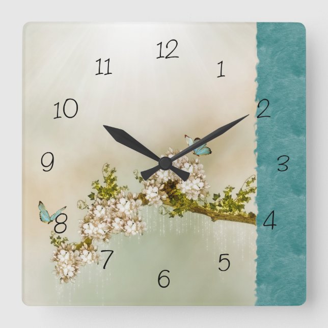 Teal Serene Butterfly Numbered Wall Clock (Front)