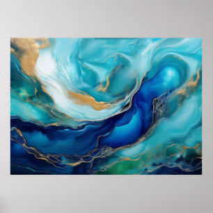 Teal Serenity Cobalt and Green Oceanic Abstraction Poster