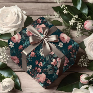 Teal Serenity With Pink Rose Garden Wrapping Paper