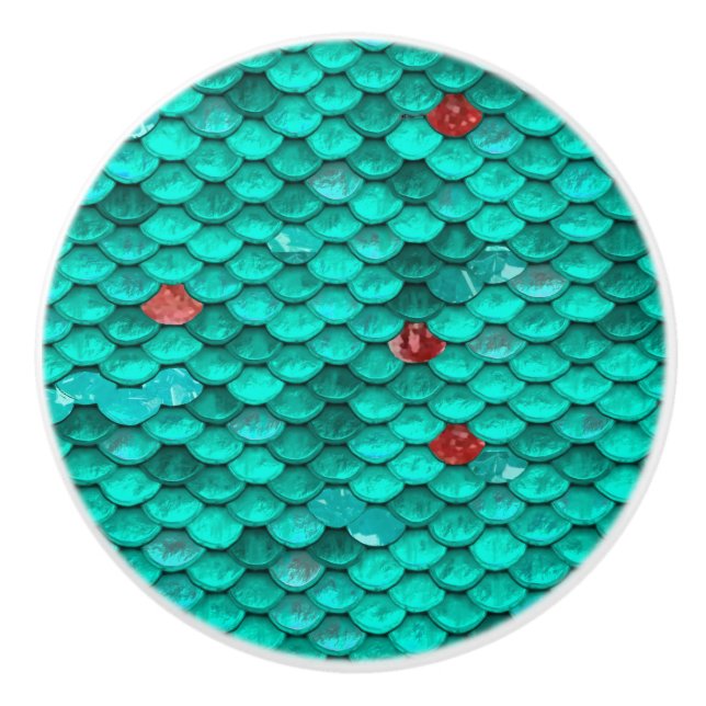 Teal Shimmer and Ruby Fish Scales Pattern Ceramic Knob (Front)