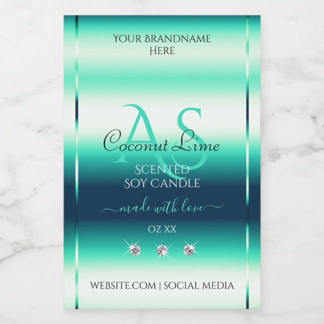 Teal Shimmery Product Labels Diamonds and Monogram (Single Label)
