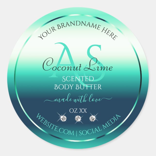 Teal Shimmery Product Labels Diamonds and Monogram (Front)