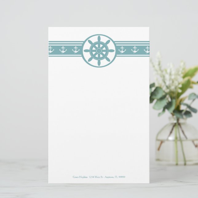 Teal Ships Wheel Personalised Stationery (Standing Front)