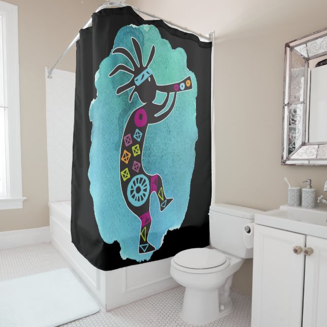 Teal Silhouette Turquoise Kokopelli Shower Curtain (In Situ)