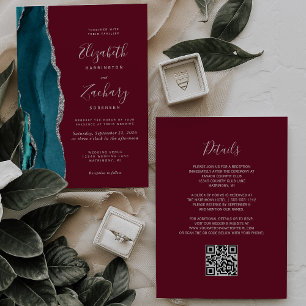 Teal Silver Agate Burgundy QR Code Wedding Invitation