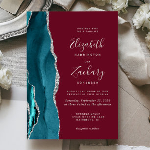 Teal Silver Agate Burgundy Wedding Invitation