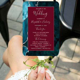 Teal Silver Agate Burgundy Wedding Program Hand Fan