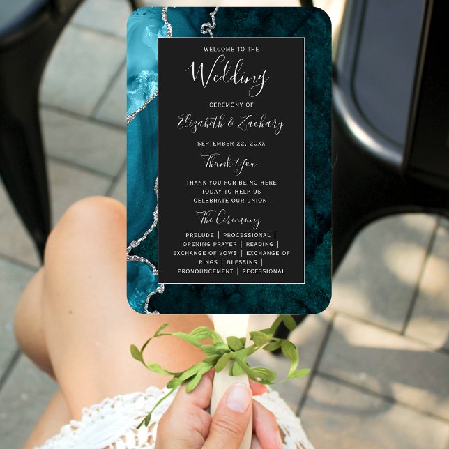 Teal Silver Agate Dark Wedding Program Hand Fan (Creator Uploaded)