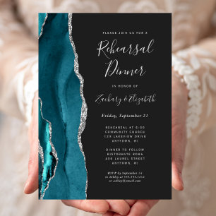 Teal Silver Agate Dark Wedding Rehearsal Dinner Invitation