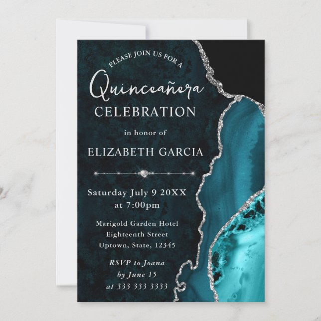 Teal Silver Agate Marble Glam Quinceañera Invitation (Front)