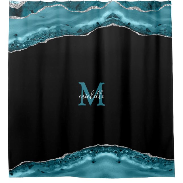Teal & Silver Agate Personalised Monogram Shower Curtain (Front)