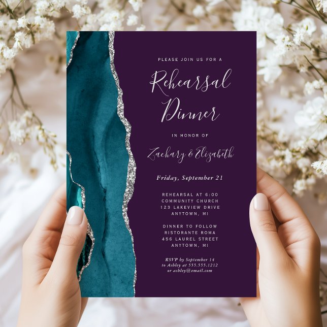 Teal Silver Agate Purple Wedding Rehearsal Dinner Invitation (Creator Uploaded)