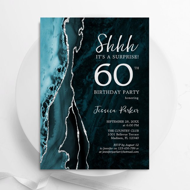Teal Silver Agate Surprise 60th Birthday Invitation (Creator Uploaded)