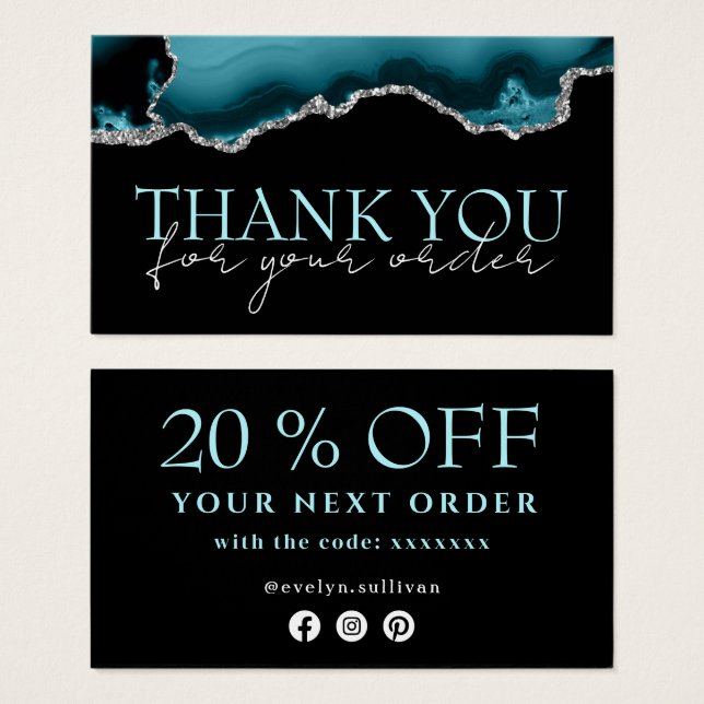 Teal silver agate thank you discount card (Front & Back)